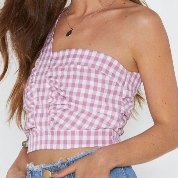 NWT Nasty Gal Pink Gingham One Shoulder Crop Top - Picture 3 of 7